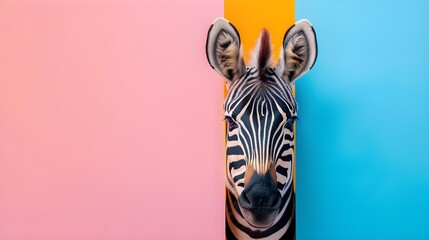 Fototapeta na wymiar Creative animal concept. Zebra in party cone hat isolated on solid pastel background advertisement, copy text space. birthday party invite invitation