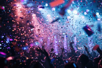 A lively crowd of people at a concert, surrounded by confetti, cheering and dancing to the music, Metallic confetti glimmering under disco lights, AI Generated