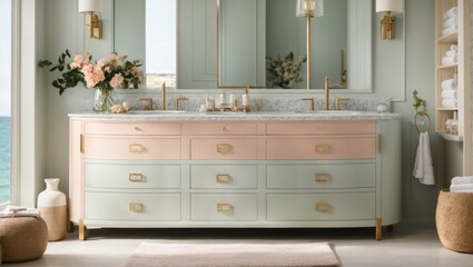 The soft pastel color on this bathroom vanity brings a touch of modern beach house interior design...