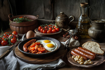 Rustic and Hearty: Traditional Irish Breakfast with Sausages, Tomatoes, Eggs, and Beans