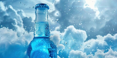 A Glass Beer Bottle and a Clear Drink Bottle Filled with Light, Bright Blue Soft Drink Liquid - obrazy, fototapety, plakaty