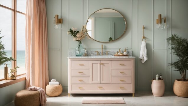 The soft pastel color on this bathroom vanity brings a touch of modern beach house interior design to this space. house beautifully it pairs with the brass faucet and fixtures home design ideas