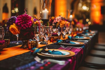 A long table is beautifully set with elegant place settings, creating a perfect ambiance for a formal dinner party, Mexican 'Day of the Dead' themed wedding, AI Generated