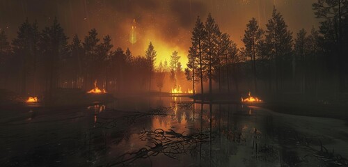 A serene yet haunting image of gentle flames amidst a forest at dusk, reflecting over a calm body of water.