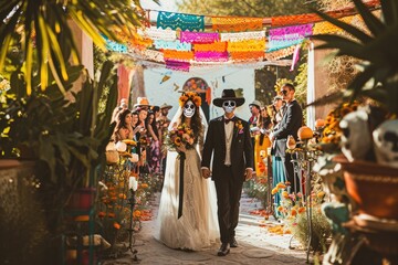 A bride and groom, dressed in wedding attire, walk down the aisle surrounded by their friends and family, Mexican 'Day of the Dead' themed wedding, AI Generated - obrazy, fototapety, plakaty