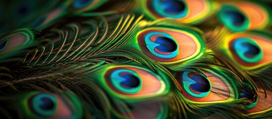 Obraz premium This close-up shows the vibrant and detail-rich display of colorful peacock feathers, adding a burst of exquisite detail to any setting.