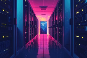 A long hallway in a data center filled with rows of servers, Minimalist art representation of NAS storage, AI Generated