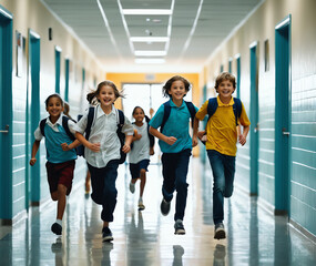 Fototapeta premium pupils running through school corridor,School kids running in elementary school hallway, front view 
