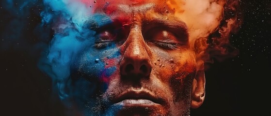 a close up of a man's face with multicolored smoke coming out of his face and his eyes.