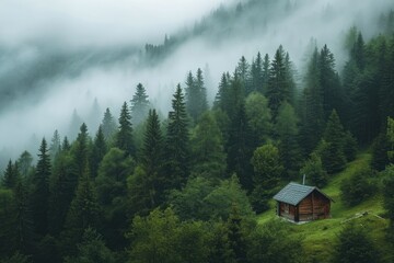 A cabin nestled in the dense fog of a forest, creating an eerie and mysterious atmosphere, Misty hills with a small cabin amidst tall trees, AI Generated