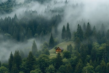 A house nestled in the midst of a dense forest, covered in a thick layer of fog, Misty hills with a small cabin amidst tall trees, AI Generated - Powered by Adobe