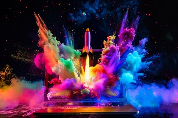 Erfolg im Business: Rakete fliegt mit einer Farbexplosion aus einem Laptop heraus - obrazy, fototapety, plakaty