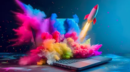 Foto auf Alu-Dibond Erfolg im Business: Rakete fliegt mit einer Farbexplosion aus einem Laptop heraus © MONO