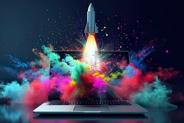 Erfolg im Business: Rakete fliegt mit einer Farbexplosion aus einem Laptop heraus - obrazy, fototapety, plakaty