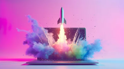 Keuken spatwand met foto Erfolg im Business: Rakete fliegt mit einer Farbexplosion aus einem Laptop heraus © MONO
