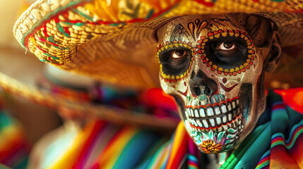 Man in carnival mask, sombrero and colorful poncho. Cinco de Mayo celebration in Mexico. Generated AI