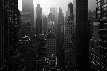 A black and white photograph showcasing a nighttime cityscape with towering buildings and illuminated streets, Monochrome overview of a city skyline with high-rise buildings, AI Generated