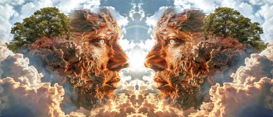 a double exposure image of a man's face in the clouds with a tree on top of his head.