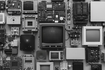 Fototapeta premium A photo showcasing a collection of different electronic devices all arranged in close proximity to one another, Monochromic, simplistic array of AI devices, AI Generated