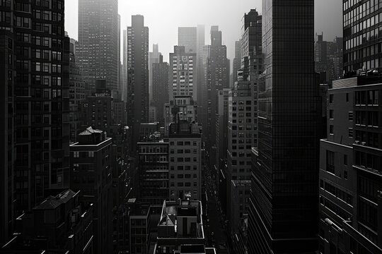Fototapeta A black and white photograph showcasing a nighttime cityscape with towering buildings and illuminated streets, Monochrome overview of a city skyline with high-rise buildings, AI Generated