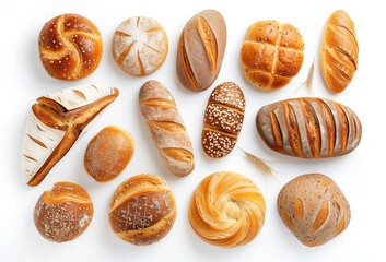 A display of various freshly baked artisan breads, each unique in shape and texture top view