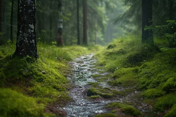 Fotobehang A stream gracefully flows through a lush green forest, surrounded by tall trees and vibrant foliage, Morning dew on a mossy forest path, AI Generated © Iftikhar alam