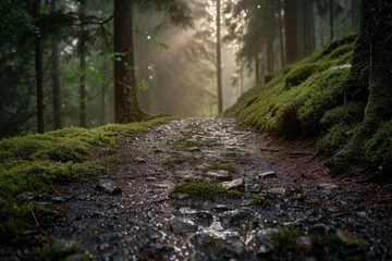 Foto op Plexiglas A path winds through a lush forest, with moss growing abundantly on the ground, Morning dew on a mossy forest path, AI Generated © Iftikhar alam