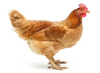 A golden brown hen stands alone against a white background, showcasing its vibrant feathers and bright red comb in a side profile view.
