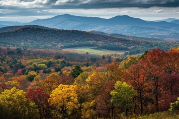 A stunning photograph showcasing a vibrant autumn mountainscape with colorful foliage and towering peaks, Mountain vista draped in autumn&acirc;&euro;&trade;s colors, AI Generated