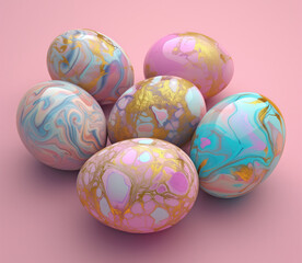 A collection of seven elegant Easter eggs with a marbled texture, adorned in gold, pink, and turquoise hues, set against a soft pink background.