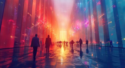 In the light of the night, a diverse group of people strolls through a vibrant street, admiring the colorful street art that adorns the walls - obrazy, fototapety, plakaty