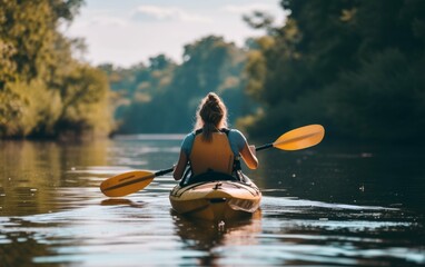 A woman in a kayak paddling down a river. The woman is surrounded by water and trees as she...