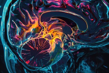 This close-up photograph showcases the detailed neural pathways and structures of a human brain in a factual and straightforward manner, MRI scan in vibrant abstract shades, AI Generated