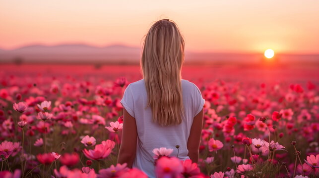 Woman from behind looking at a sunset over a field of pink flowers, tranquility in nature - Powered by Adobe