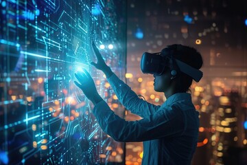 Woman Using Virtual Reality Device in City at Night, An individual using a virtual reality interface to interact with a holographic blockchain, AI Generated
