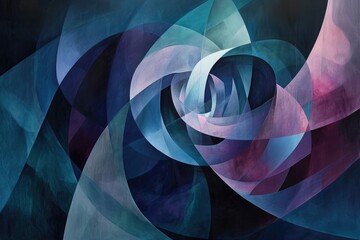 Abstract Painting of Blue and Pink Geometric Shapes, Multiple overlapping layers of abstract, futuristic shapes against a dark backdrop, AI Generated