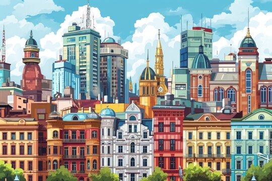A Vibrant Painting of a Modern Cityscape With Tall Buildings, Multicultural cityscape featuring architectural styles from different eras, AI Generated