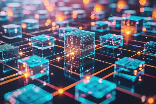 A collection of cubes in different colors are linked together, forming a complex structure, Multiple nodes exchanging data in a blockchain network, AI Generated