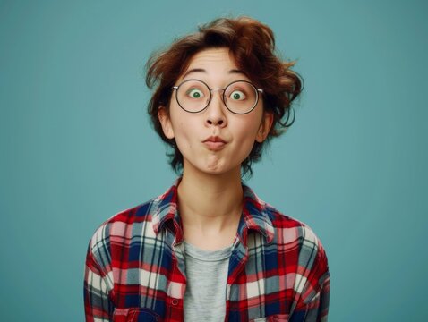 A woman wearing glasses pulls a funny face, expressing humor and silliness in this candid moment