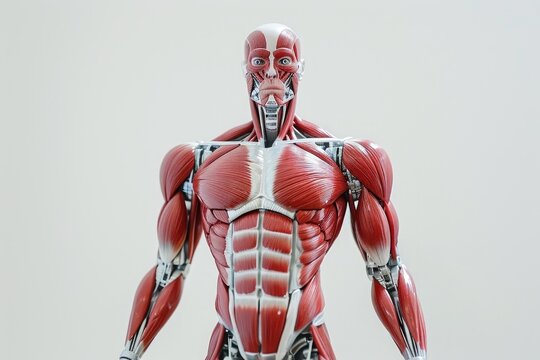 A detailed model of a human body showcasing highlighted muscles, providing a visual representation of the muscular system, Muscular system represented in the style of a robot, AI Generated