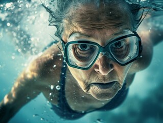 A woman wearing goggles swims in the water, her arms propelling her forward gracefully