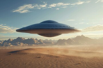 Fototapeta na wymiar A massive unidentified flying object suspended in mid-air above a barren desert landscape, Mysterious alien spacecraft landing in a desert, AI Generated