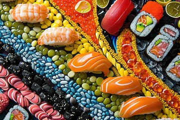 A vibrant assortment of sushi rolls, sashimi, and nigiri artfully arranged on a table, creating an enticing and visually pleasing display, An intricate sushi platter in pop-art style, AI Generated