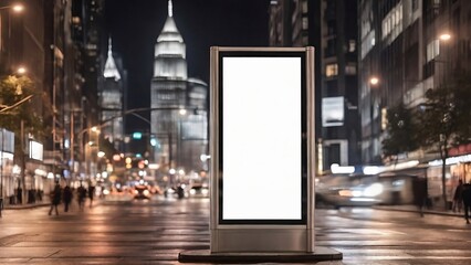 Blank white vertical digital billboard poster on city street bus stop sign at night, blurred urban background with skyscraper, people, mockup for advertisement, marketing generative ai - obrazy, fototapety, plakaty