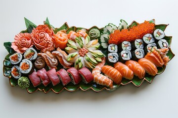 A table displays a variety of sushi rolls and sashimi on a platter, ready to be enjoyed, An...