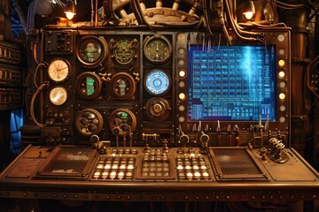 A Control Panel With Various Types of Clocks, An intricate time machine console with numerous levers, buttons, and glowing screens, AI Generated