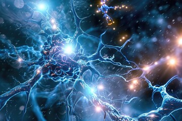 Computer Generated Image of a Human Brain With Neural Pathways and Synapses, Nano conductors creating energy pathways, AI Generated
