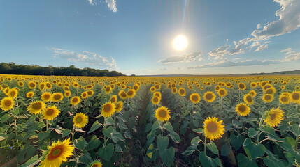 A Sea of Yellow: Immersive Views of Sunflower Blossoms at Sunset