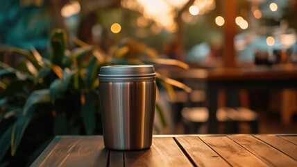 Stainless Steel Thermoses on Wooden Table in a Cozy Café Setting - obrazy, fototapety, plakaty