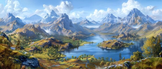 a painting of a mountain range with a lake in the foreground and a mountain range in the far distance.